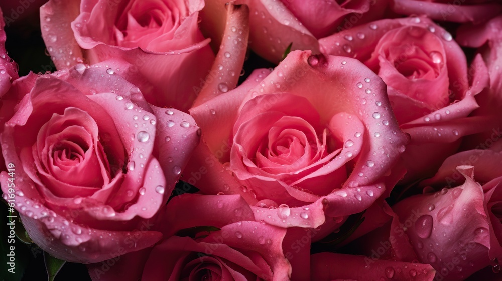 Pink Roses flowers with water drops background. Closeup of blossom with glistening droplets. Generat