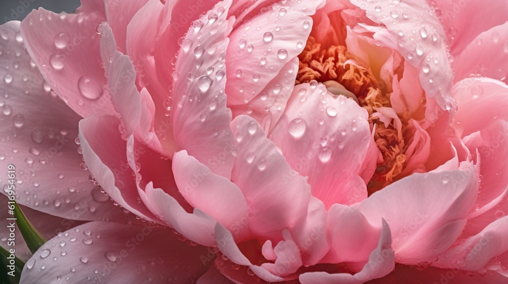 Pink Peony flowers with water drops background. Closeup of blossom with glistening droplets. Generat