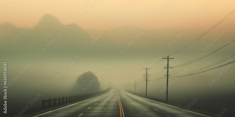 Minimalistic misty empty road. Foggy highway. Mystery travel concept. Generative AI