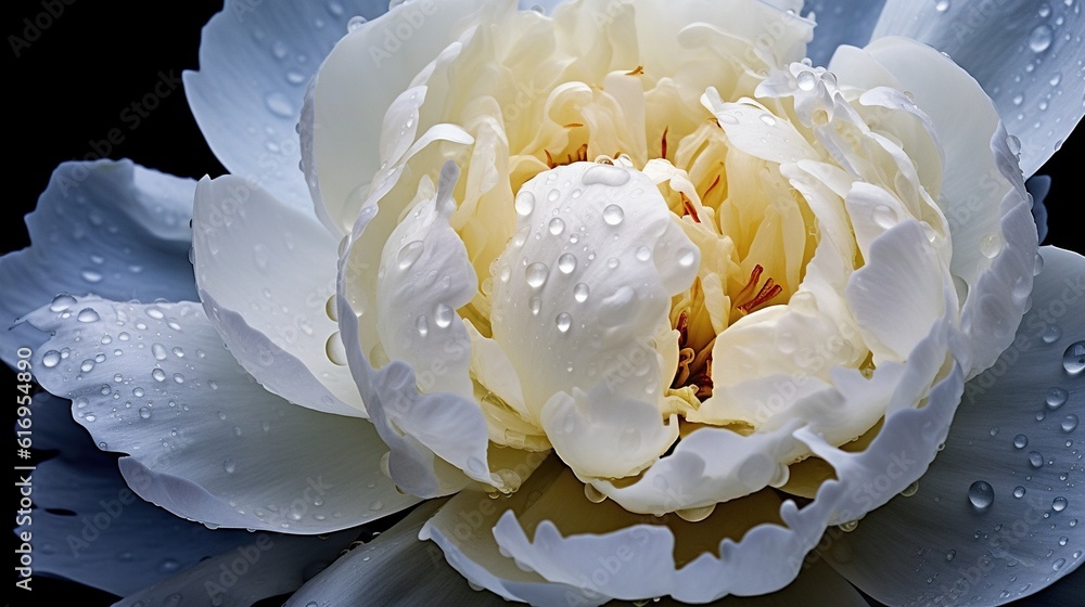 White Peony flowers with water drops background. Closeup of blossom with glistening droplets. Genera