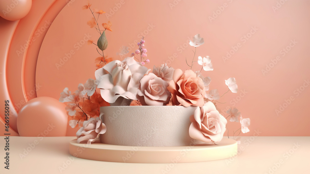 Podium with pink roses on pastel pink background to display products, gift or cosmetics. Generative 