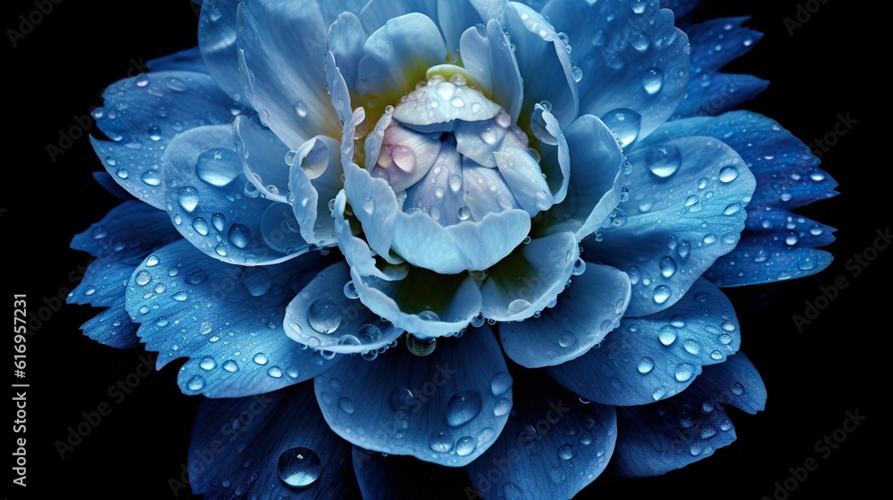 Blue Peony flowers with water drops background. Closeup of blossom with glistening droplets. Generat