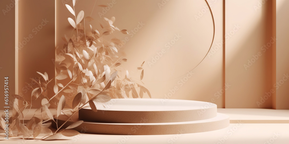 Beige podium for product display presentation. Sandstone and sandy colored plants. Generative AI