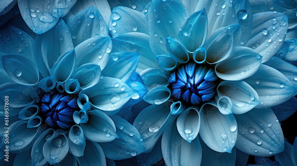 Blue Dahlia flowers with water drops background. Closeup of delicate blossom with glistening droplet