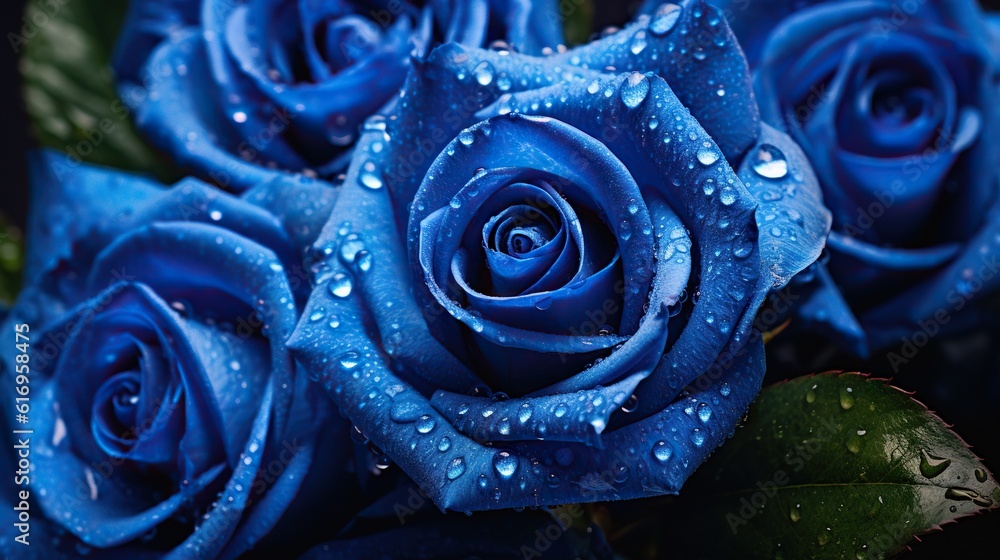 Blue Roses flowers with water drops background. Closeup of blossom with glistening droplets. Generat