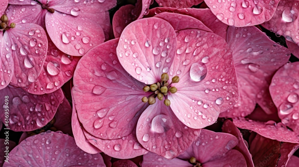 Pink Hydrangeas flowers with water drops background. Closeup of blossom with glistening droplets. Ge