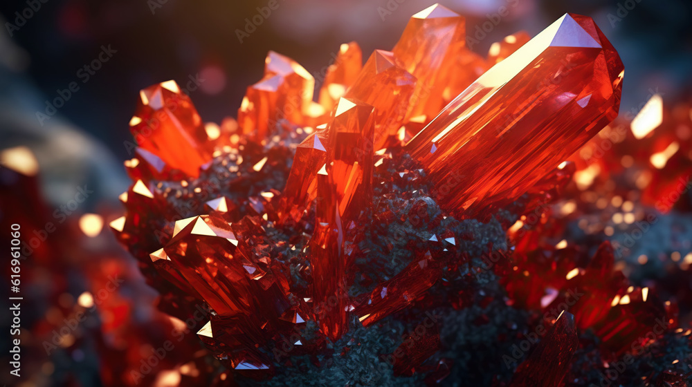 Amazing bright and shiny Crocoite crystal cluster background. Jewel mineral detailed macro. Generati