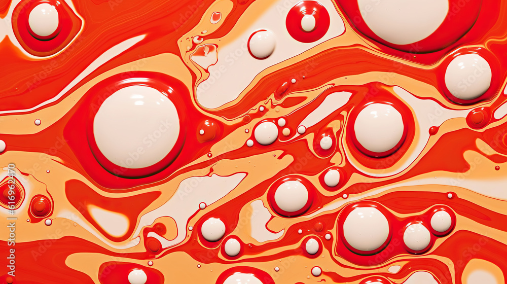 Abstract white paint drops mixed in red oil background. Non-mixing fluids pattern. Generative AI