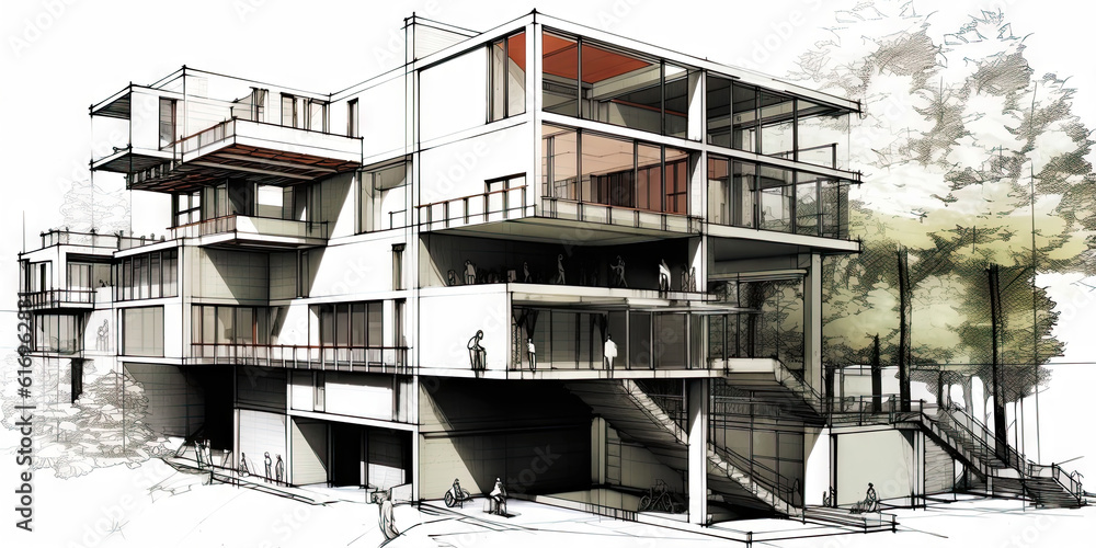 Detailed pencil sketch of modern suburban house. Abstract imaginary building concept. Generative AI