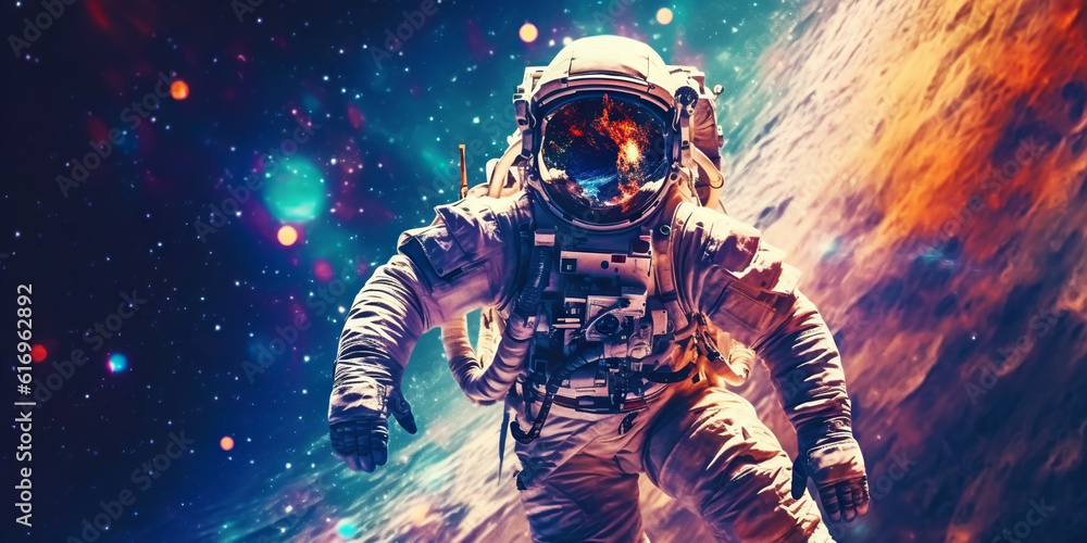 Portrait of astronaut floating in space with a asteroids, space rocks, burning sparks on backdrop. G