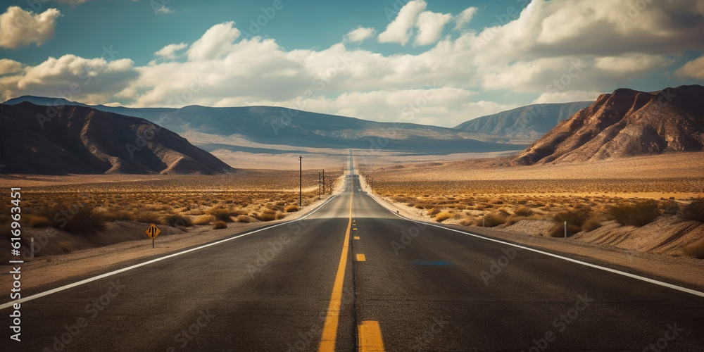 Minimalistic empty highway in desert. Travel concept. Generative AI