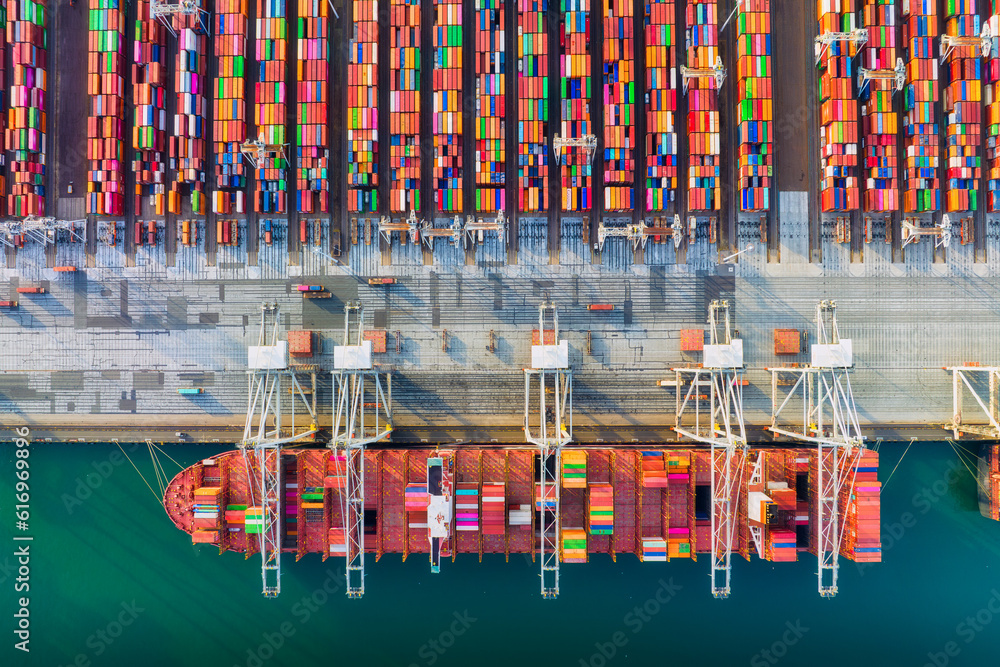 Cargo commercial port. View from a drone. Containers for transporting goods. Cargo sea transport. Vi