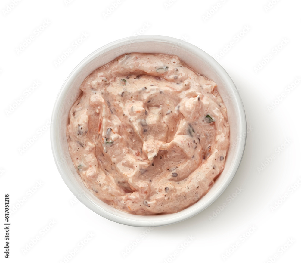 Seafood dip with shrimp, lobster and salmon isolated on white background