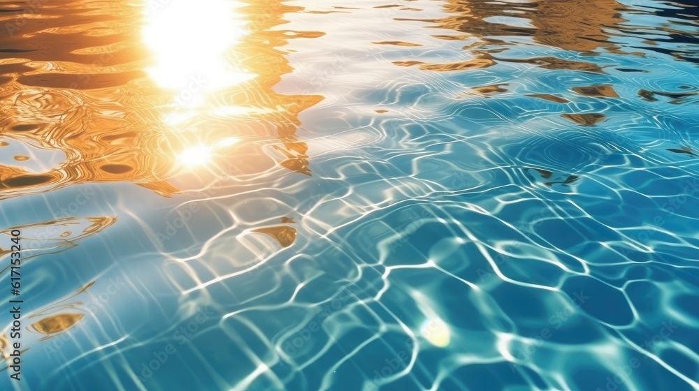 Pool blue transparent clear water surface background with sunlight reflection.