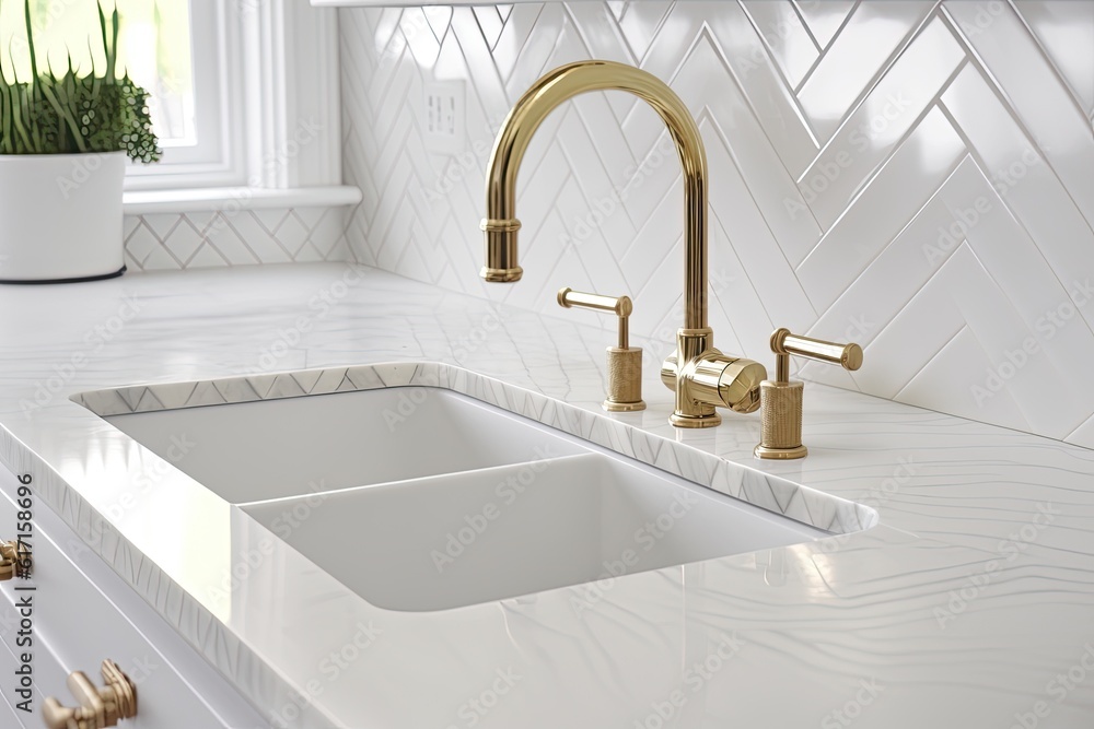 modern white kitchen with elegant gold accents and sleek marble countertops. Generative AI