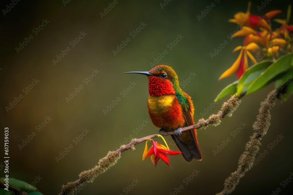 brightly colored bird resting on a tree branch. Generative AI