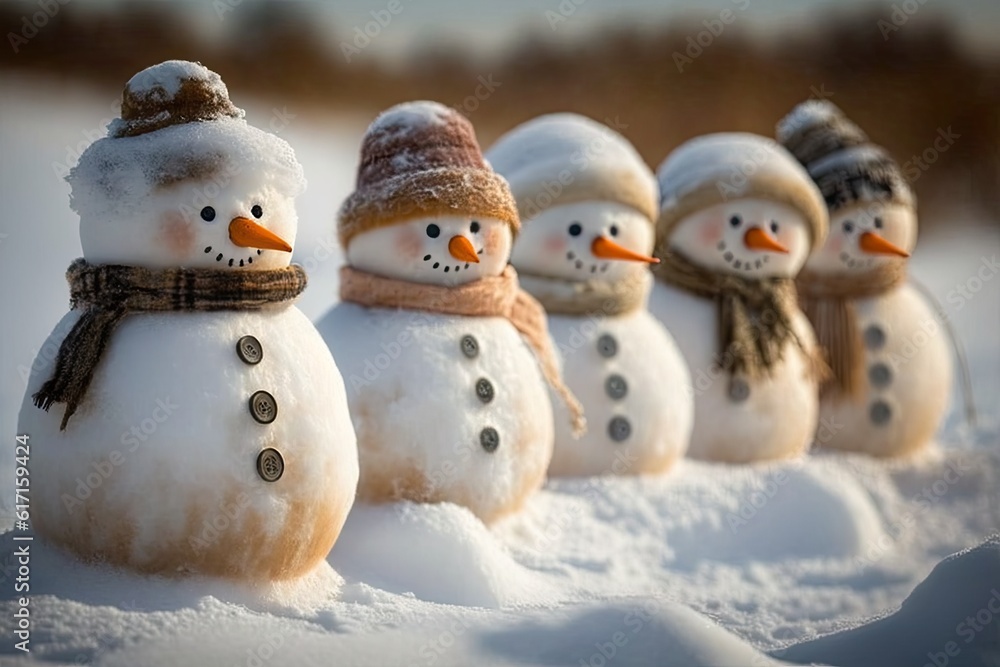 row of cute and colorful snowmen standing in a winter wonderland. Generative AI