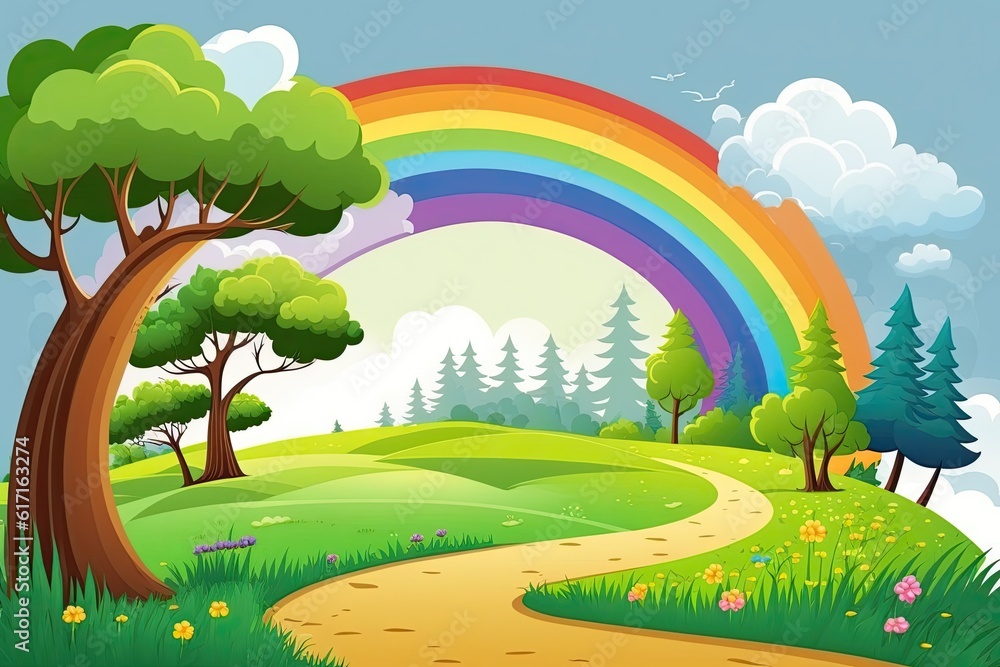 vibrant rainbow stretching across a green field. Generative AI