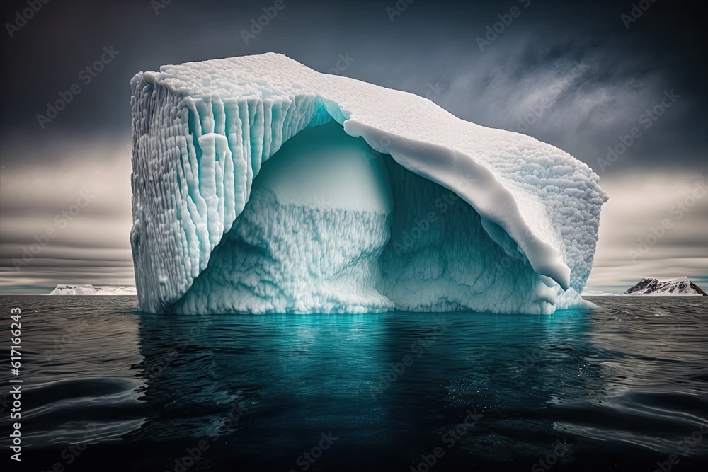 massive iceberg floating in the ocean with a cloudy sky in the background. Generative AI