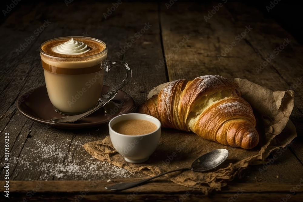 delicious breakfast with a cup of coffee and a croissant on a table. Generative AI