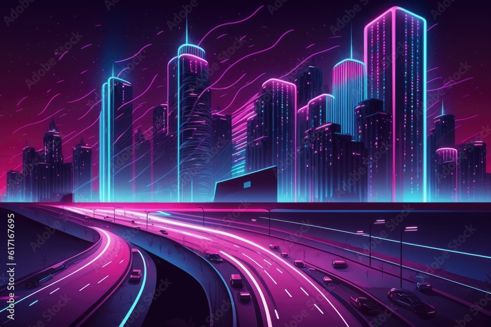 bustling city at night with vibrant neon lights and skyscrapers. Generative AI