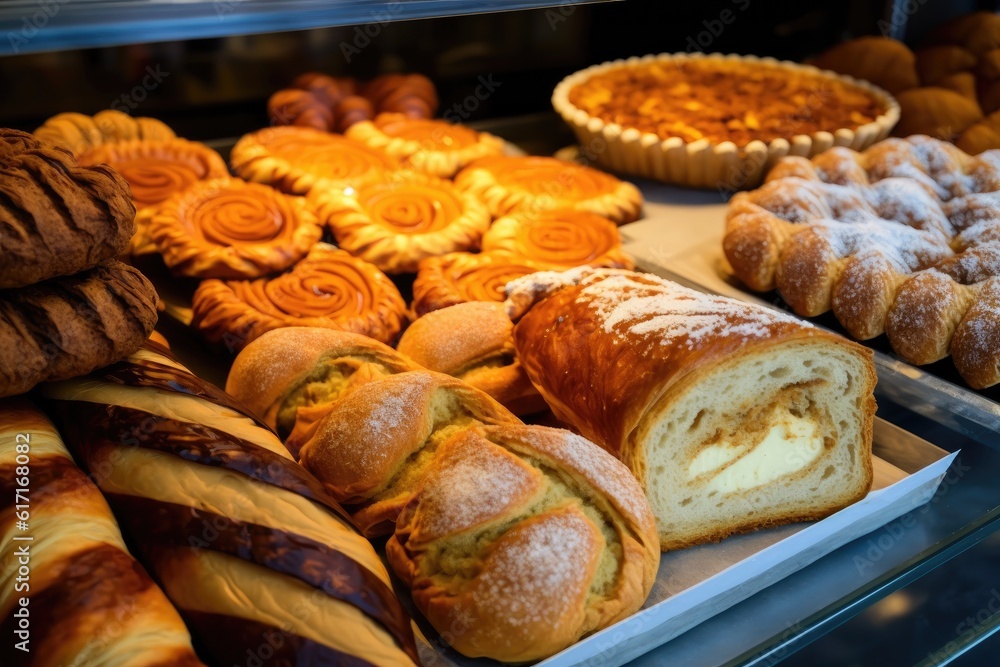 diverse selection of breads arranged in a display case. Generative AI