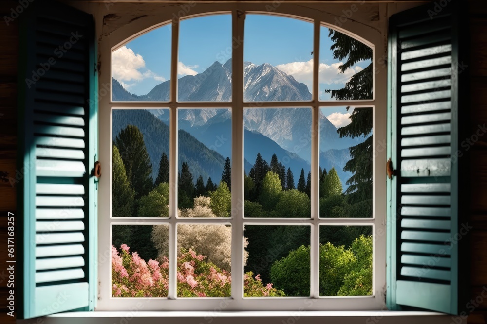 breathtaking mountain view through a window. Generative AI