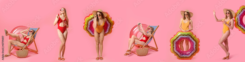 Collage of beautiful young woman in stylish swimsuits and beach accessories on pink background