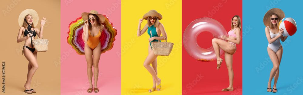 Collection of beautiful young woman in stylish swimsuits and beach accessories on color background