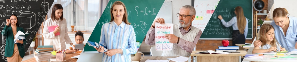 Collage of math teachers and little children doing homework