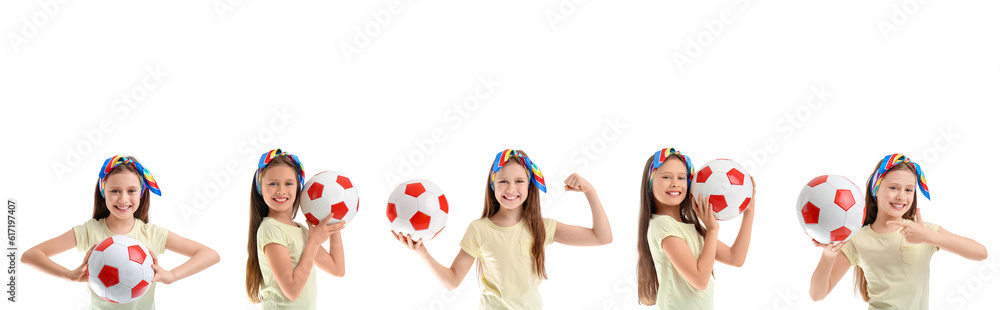 Set of little girl with soccer ball on white background