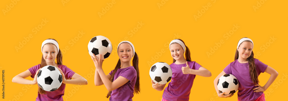 Sporty little girl with soccer ball on yellow background