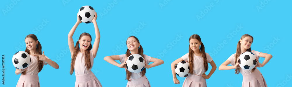 Little girl with soccer ball on blue background