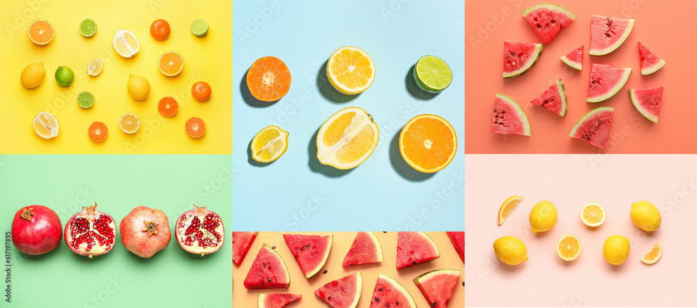 Set of fresh fruits on color background. Patterns for design