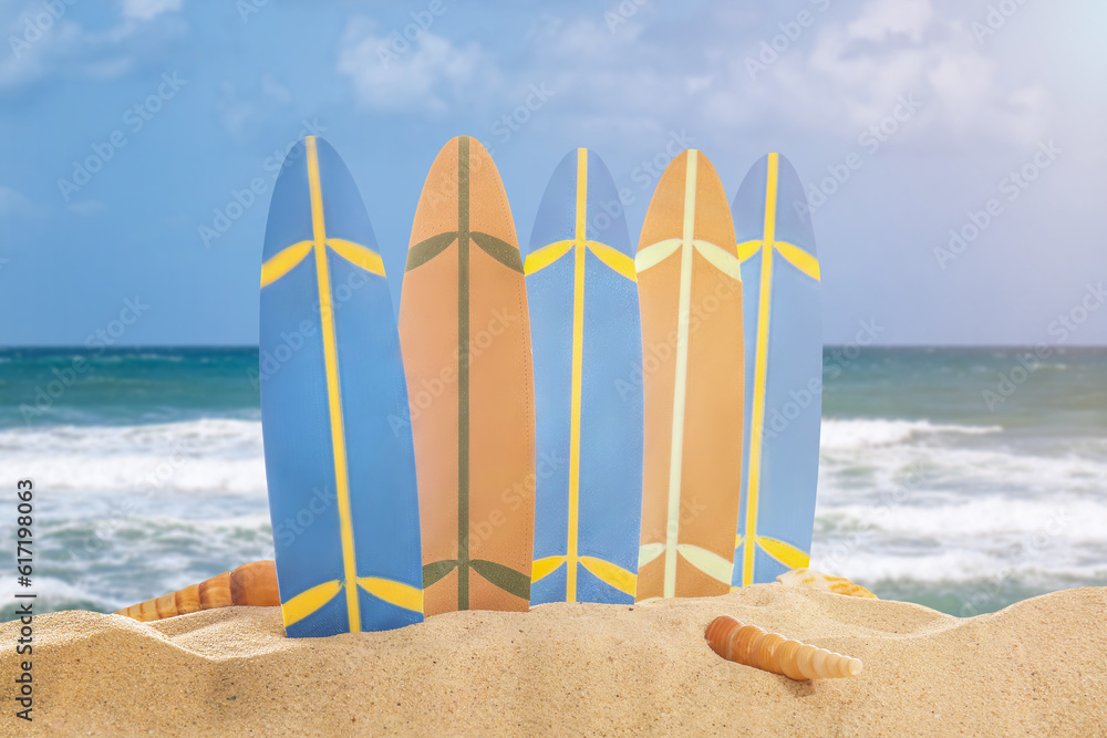 Many small surfboards on beach sand