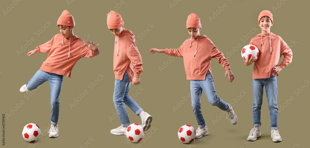 Little boy with soccer ball on color background