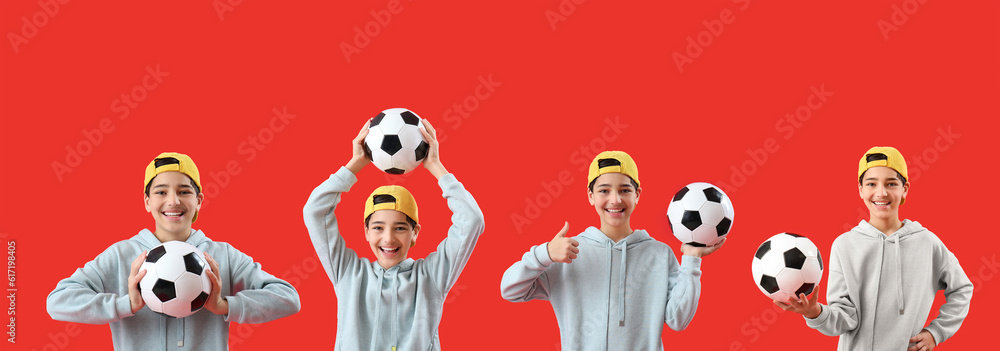 Little boy with soccer ball on red background