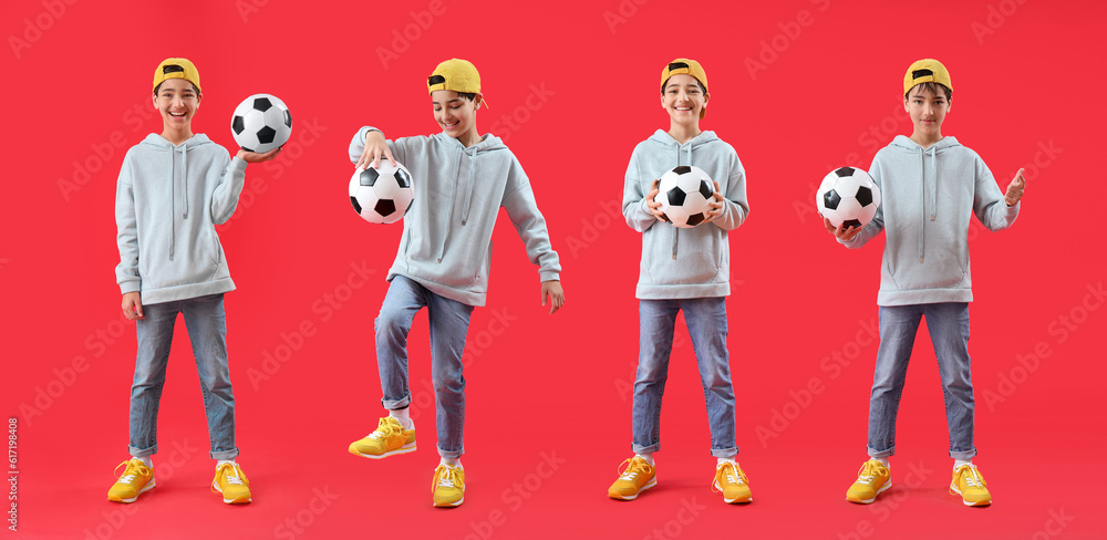 Little boy with soccer ball on red background