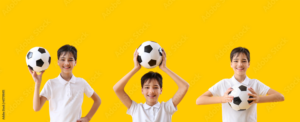 Little boy with soccer ball on yellow background