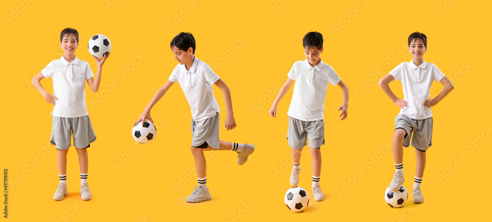 Little boy with soccer ball on yellow background