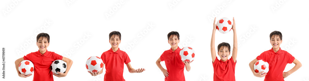 Set of little boy with soccer ball on white background