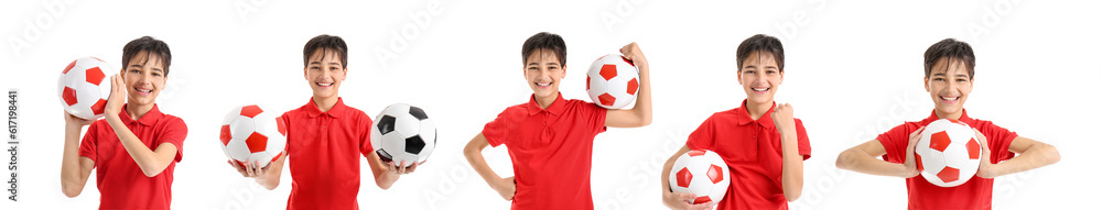 Set of little boy with soccer ball on white background