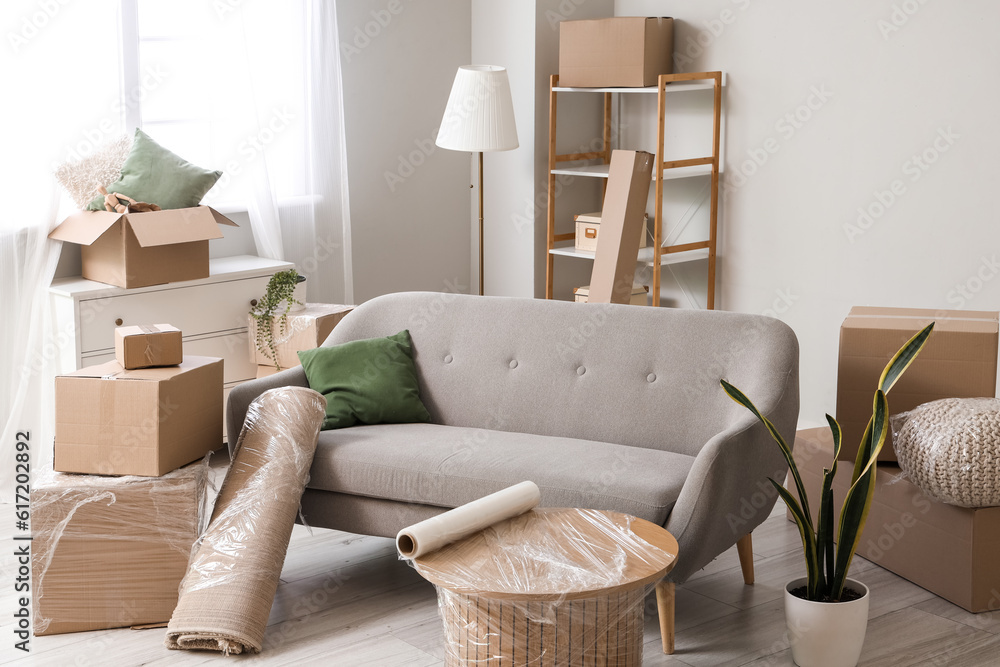 Sofa with rolled carpet and cardboard boxes in living room on moving day