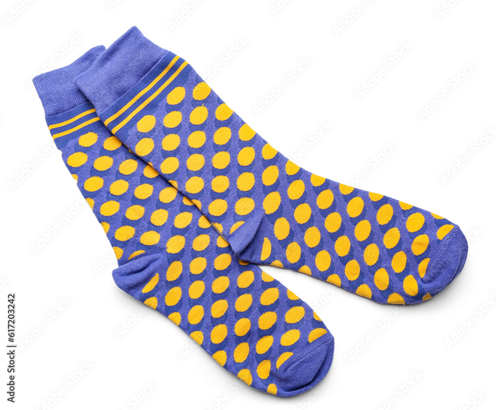 Pair of soft cotton socks on white background