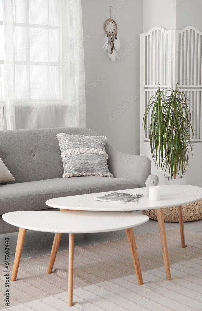 Interior of modern living room with sofa, coffee table and dream catcher hanging on light wall