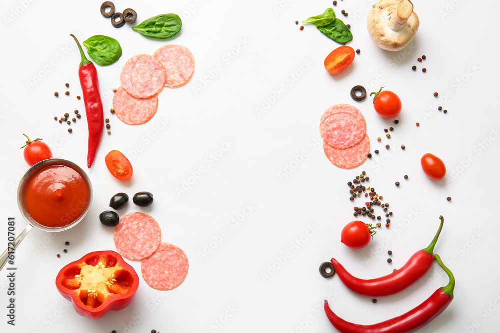 Frame made of fresh ingredients for preparing pizza on white background