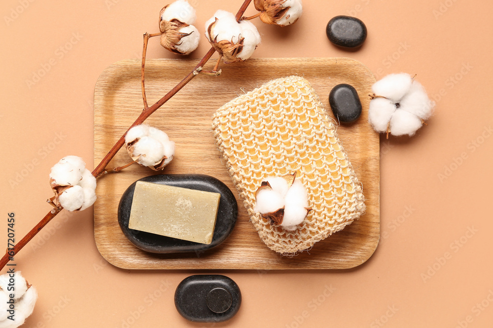 Composition with soap bar, bath sponge, spa stones and cotton branch on color background