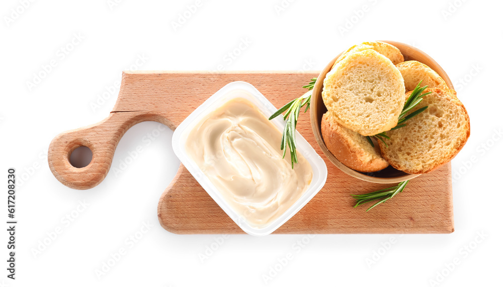 Plastic container with tasty cream cheese and bread on white background