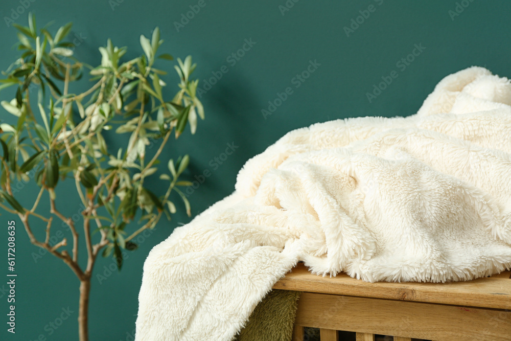 New soft blanket on basket and houseplant on green background, closeup