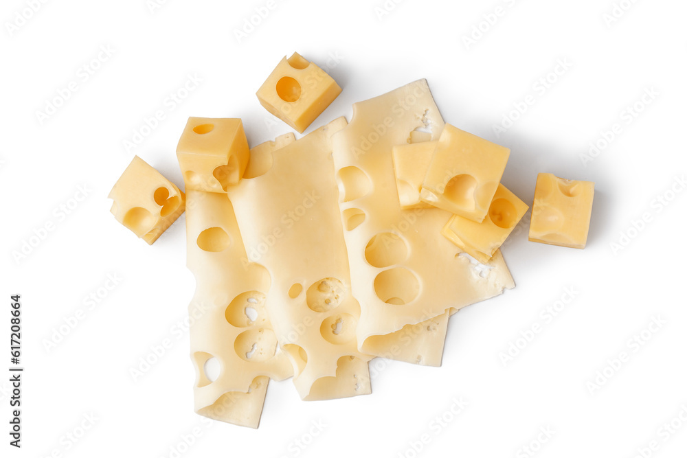 Cubes and slices of Swiss cheese on white background